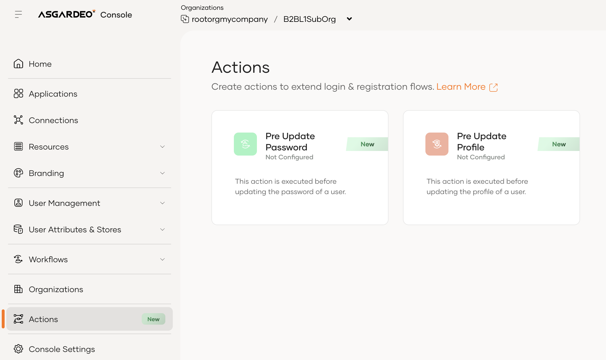 Pre-Update Password and Pre-Update Profile Actions screenshot