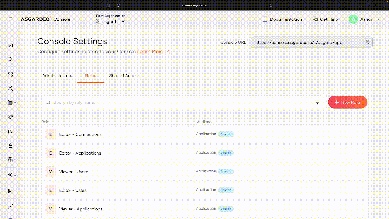 Support custom console roles in Asgardeo