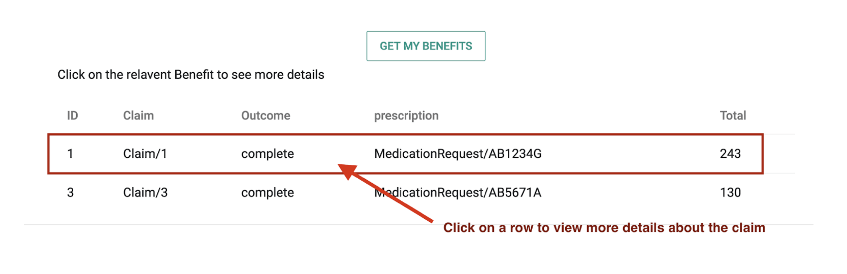 Click on a specific claim row to view more details about the claim